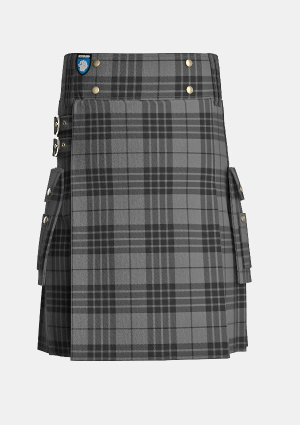 Utility_Grey_Spirit_tartan_6594_kilt_front_image_with_pleated_design_and_adjustable_buckles_for_men