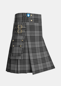 Utility_Grey_Spirit_tartan_6594_kilt_side_image_with_pleated_design_and_adjustable_buckles_for_men