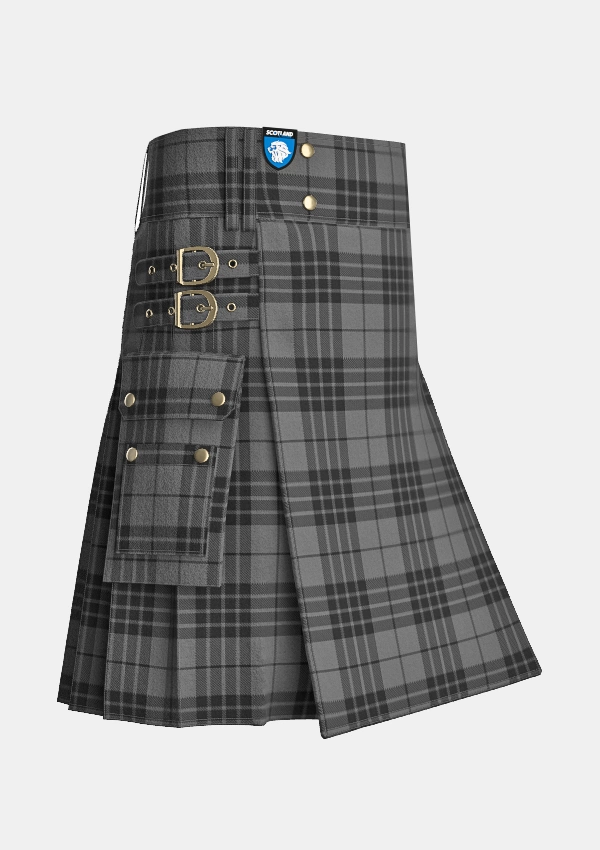 Utility_Grey_Spirit_tartan_6594_kilt_side_image_with_pleated_design_and_adjustable_buckles_for_men