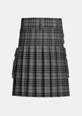 Utility_Grey_Watch_Tartan_kilt_back_image_with_pleated_design_and_adjustable_buckles_for_men