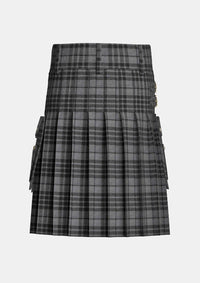 Utility_Grey_Watch_Tartan_kilt_back_image_with_pleated_design_and_adjustable_buckles_for_men