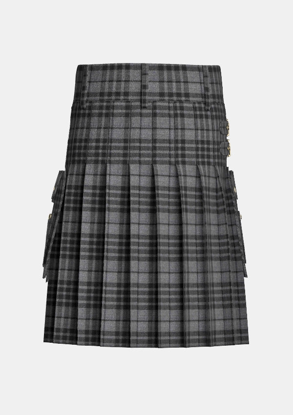 Utility_Grey_Watch_Tartan_kilt_back_image_with_pleated_design_and_adjustable_buckles_for_men