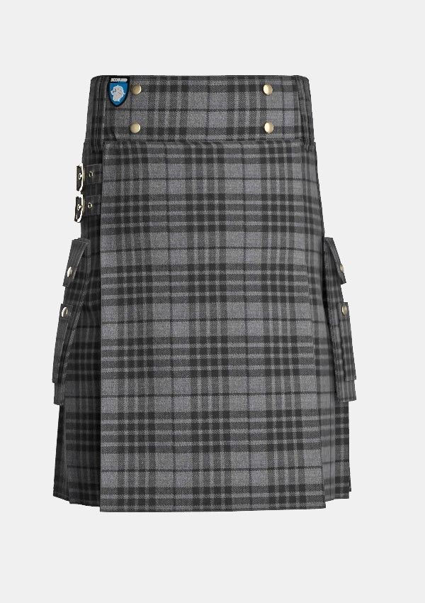 Utility_Grey_Watch_Tartan_kilt_front_image_with_pleated_design_and_adjustable_buckles_for_men