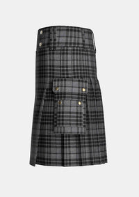 Utility_Grey_Watch_Tartan_kilt_left_image_with_pleated_design_and_adjustable_buckles_for_men