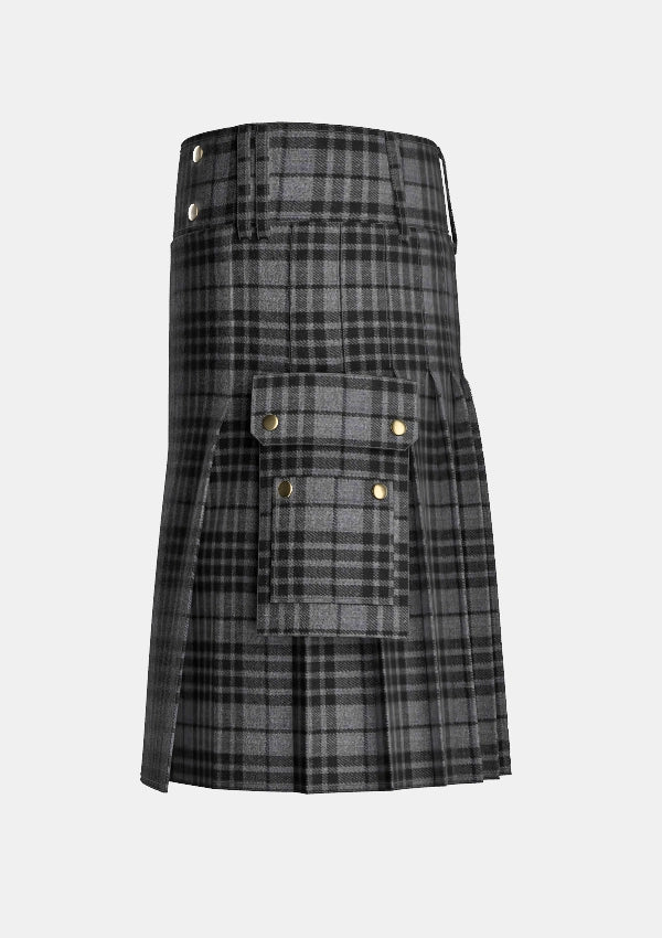 Utility_Grey_Watch_Tartan_kilt_left_image_with_pleated_design_and_adjustable_buckles_for_men