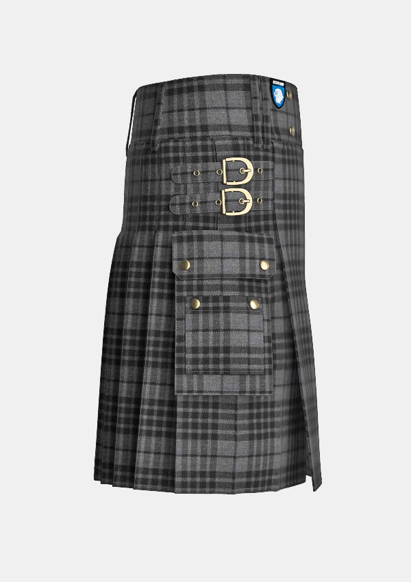 Utility_Grey_Watch_Tartan_kilt_right_image_with_pleated_design_and_adjustable_buckles_for_men