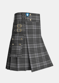 Utility_Grey_Watch_Tartan_kilt_side_image_with_pleated_design_and_adjustable_buckles_for_men
