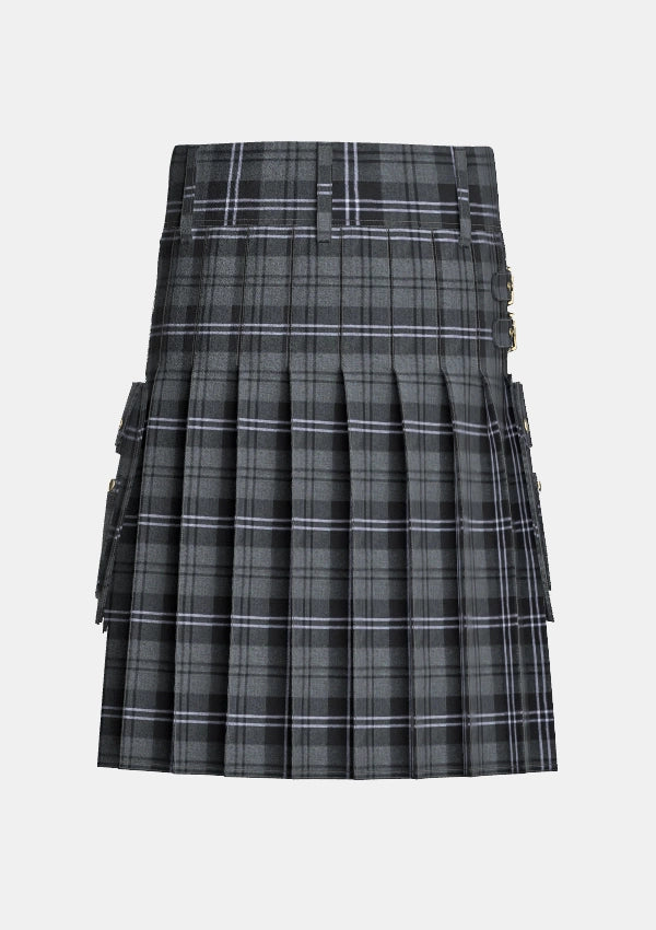 Utility_Hamilton_Grey_Tartan_kilt_back_image_with_pleated_design_and_adjustable_buckles_for_men