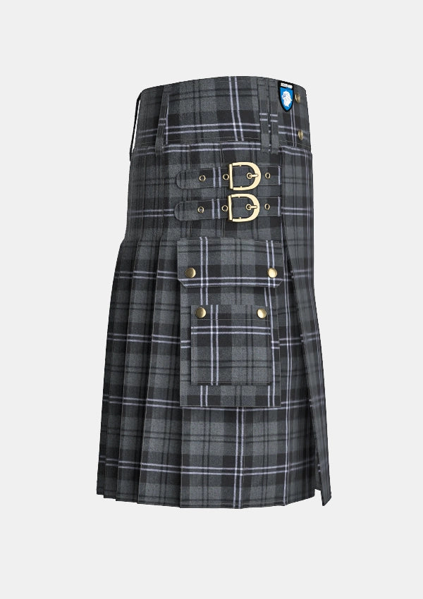 Utility_Hamilton_Grey_Tartan_kilt_right_image_with_pleated_design_and_adjustable_buckles_for_men
