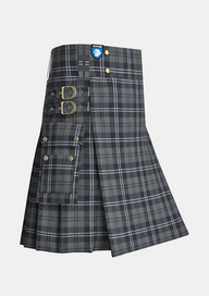Utility_Hamilton_Grey_Tartan_kilt_side_image_with_pleated_design_and_adjustable_buckles_for_men