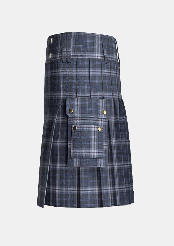 Utility_Islay_Mist_tartan_12611_kilt_left_image_with_pleated_design_and_adjustable_buckles_for_men