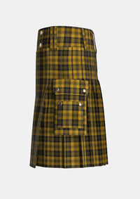 Utility_Justus_Black_Gold_Tartan_kilt_left_image_with_pleated_design_and_adjustable_buckles_for_men