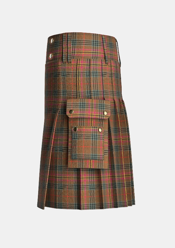 Utility_Kennedy_Weathered_Tartan_kilt_left_image_with_pleated_design_and_adjustable_buckles_for_men