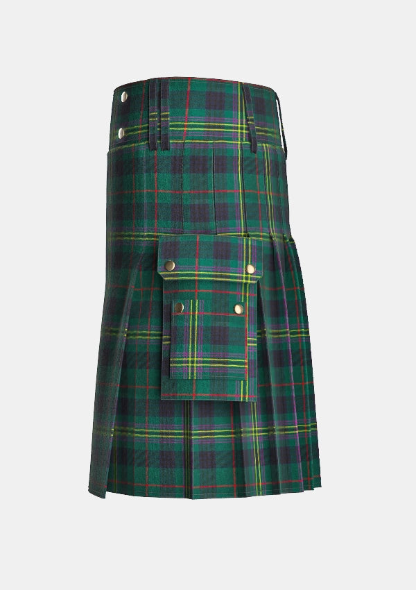 Utility_Kennedy_tartan_kilt_left_image_with_pleated_design_and_adjustable_buckles_for_men