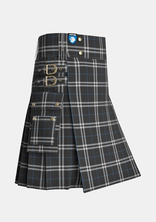Utility_London_Fog_Black_Tartan_7269_kilt_side_image_with_pleated_design_and_adjustable_buckles_for_men
