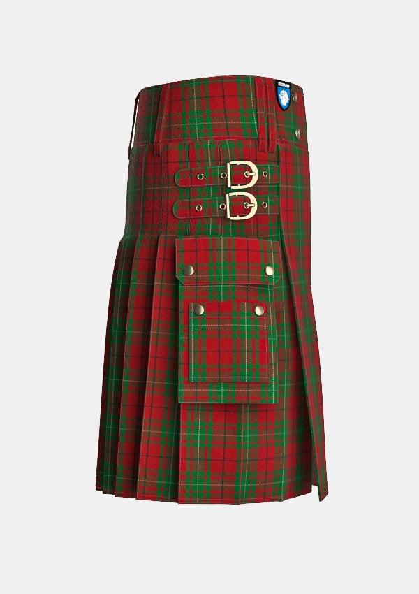 Utility_MacAulay_Red_Tartan_kilt_right_image_with_pleated_design_and_adjustable_buckles_for_men