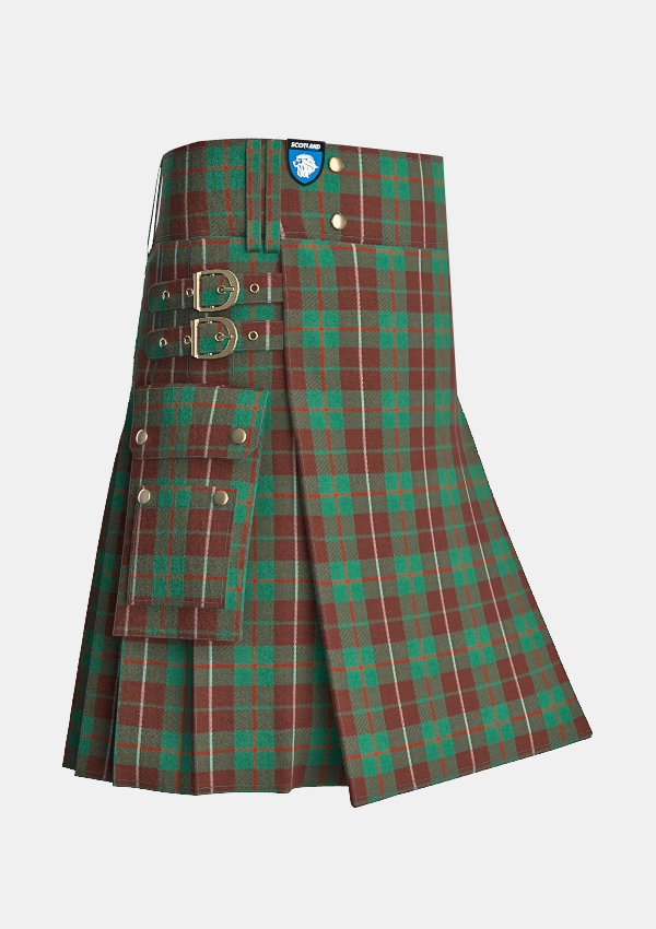 Utility_MacKinnon_Hunting_Tartan_kilt_side_image_with_pleated_design_and_adjustable_buckles_for_men