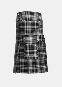 Utility_MacLean_Black_and_White_Tartan_1824_kilt_left_image_with_pleated_design_and_adjustable_buckles_for_men