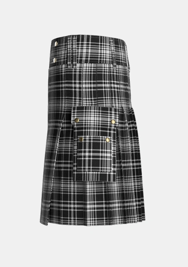 Utility_MacLean_Black_and_White_Tartan_1824_kilt_left_image_with_pleated_design_and_adjustable_buckles_for_men
