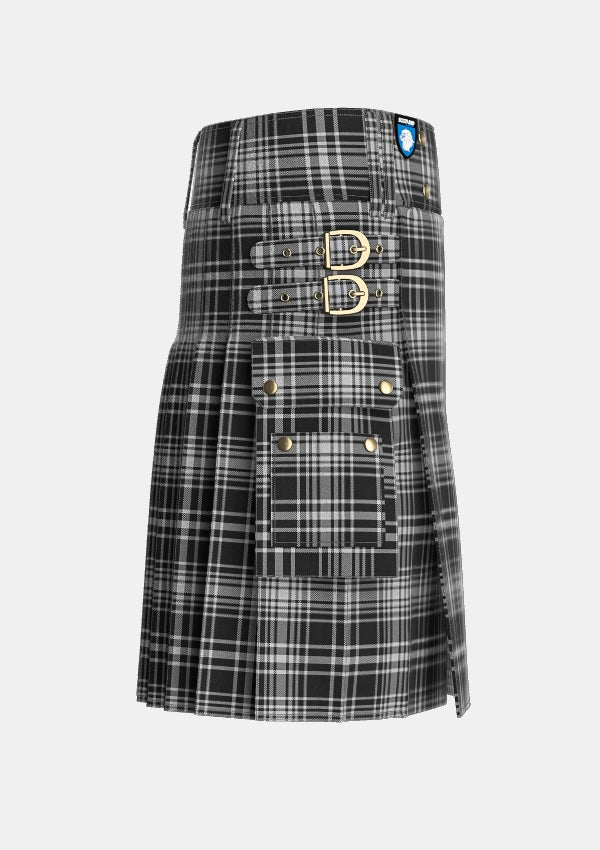 Utility_MacLean_Black_and_White_Tartan_1824_kilt_right_image_with_pleated_design_and_adjustable_buckles_for_men