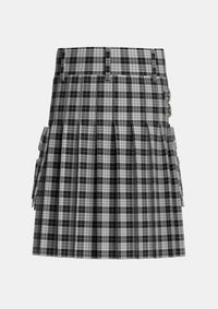 Utility_MacLeod_1906_Black_White_Tartan_1828_kilt_back_image_with_pleated_design_and_adjustable_buckles_for_men