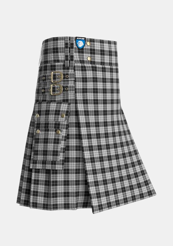 Utility_MacLeod_1906_Black_White_Tartan_1828_kilt_side_image_with_pleated_design_and_adjustable_buckles_for_men
