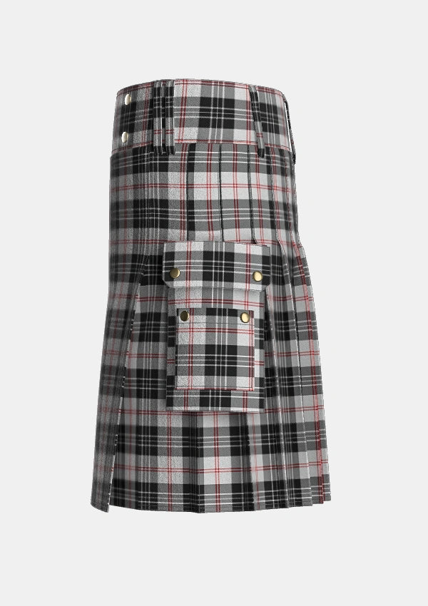Utility_MacPherson_of_Cluny_Black_and_White_Tartan_1830_kilt_left_image_with_pleated_design_and_adjustable_buckles_for_men