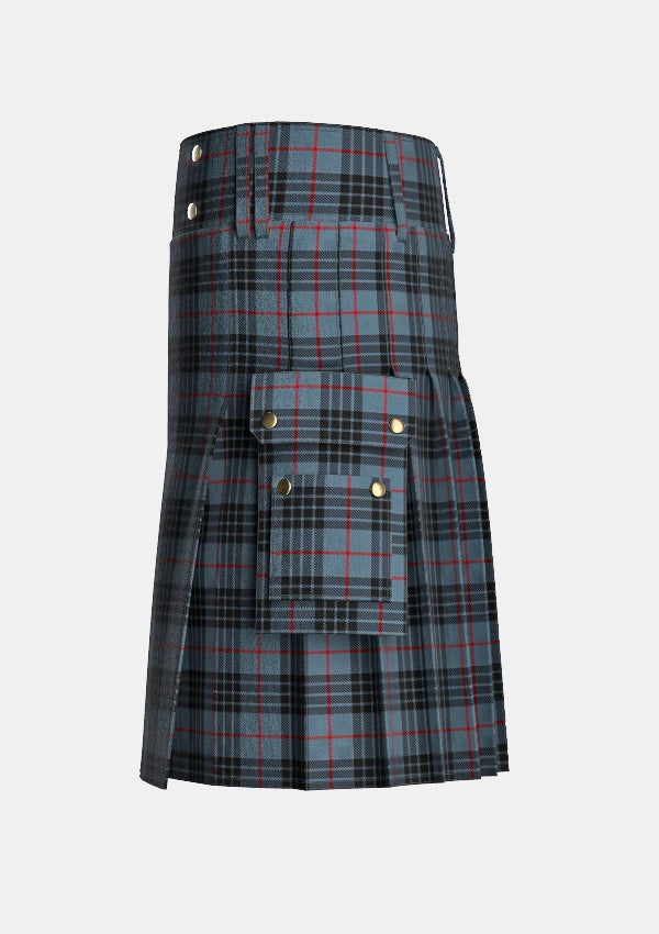 Utility_Mackay_Blue_Tartan_264_kilt_left_image_with_pleated_design_and_adjustable_buckles_for_men