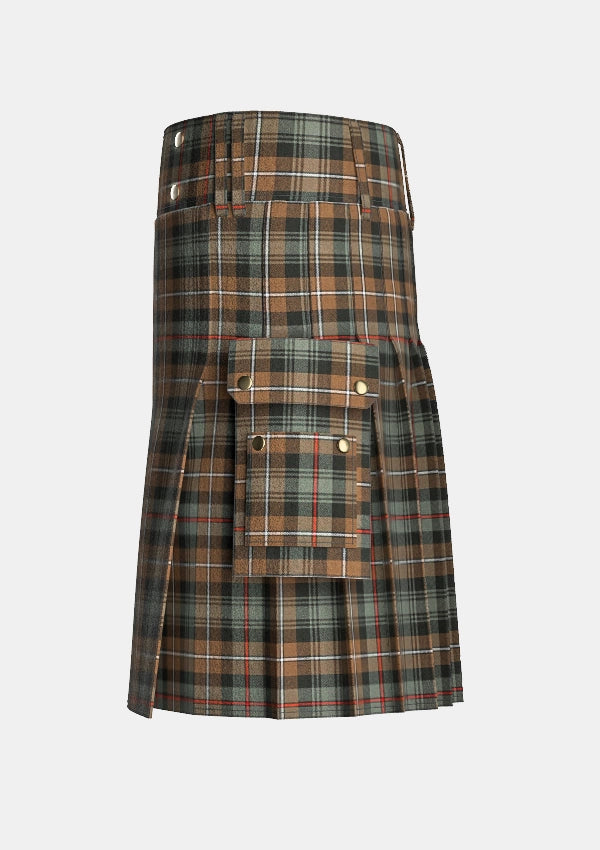 Utility_Mackenzie_Weathered_tartan_kilt_left_image_with_pleated_design_and_adjustable_buckles_for_men