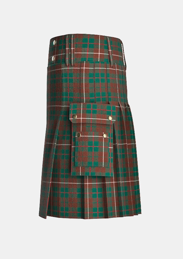 Utility_Mackinnon_hunting_modern_tartan_kilt_left_image_with_pleated_design_and_adjustable_buckles_for_men