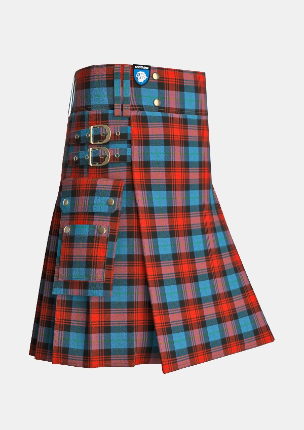 Utility_Maclachlan_ancient_tartan_kilt_side_image_with_pleated_design_and_adjustable_buckles_for_men