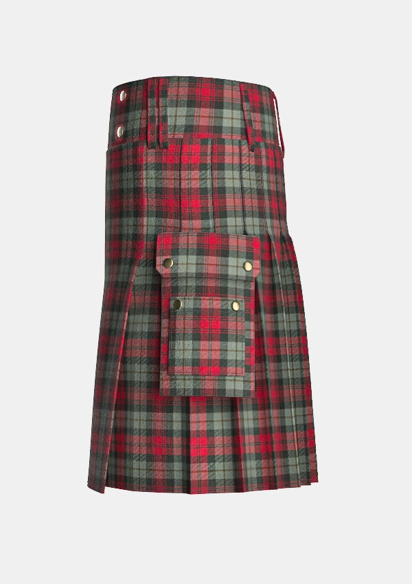 Utility_Maclachlan_weathered_tartan_kilt_left_image_with_pleated_design_and_adjustable_buckles_for_men