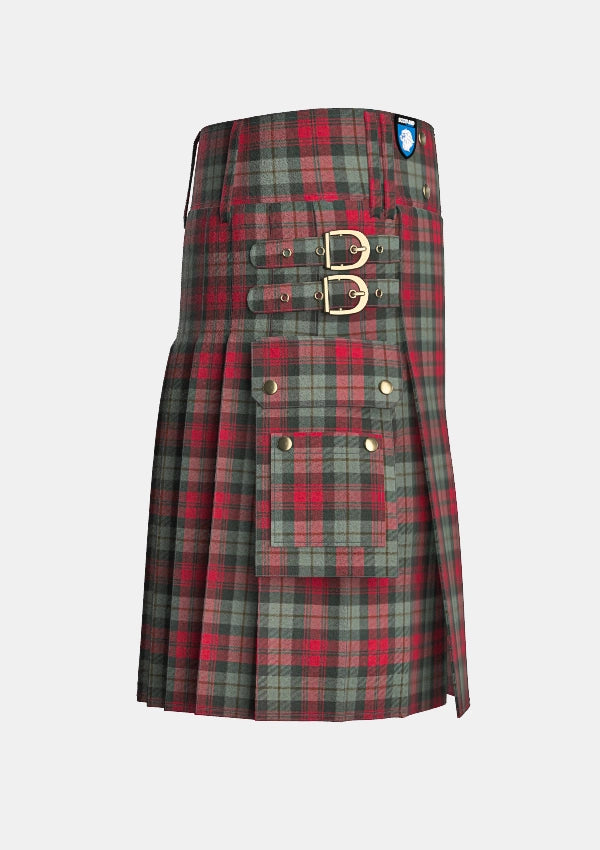 Utility_Maclachlan_weathered_tartan_kilt_right_image_with_pleated_design_and_adjustable_buckles_for_men