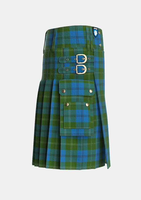 Utility_Melville_Two_black_lines_Tartan_1050_kilt_right_image_with_pleated_design_and_adjustable_buckles_for_men