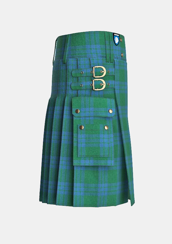 Utility_Montgomery_Blue_Ancient_Tartan_kilt_right_image_with_pleated_design_and_adjustable_buckles_for_men