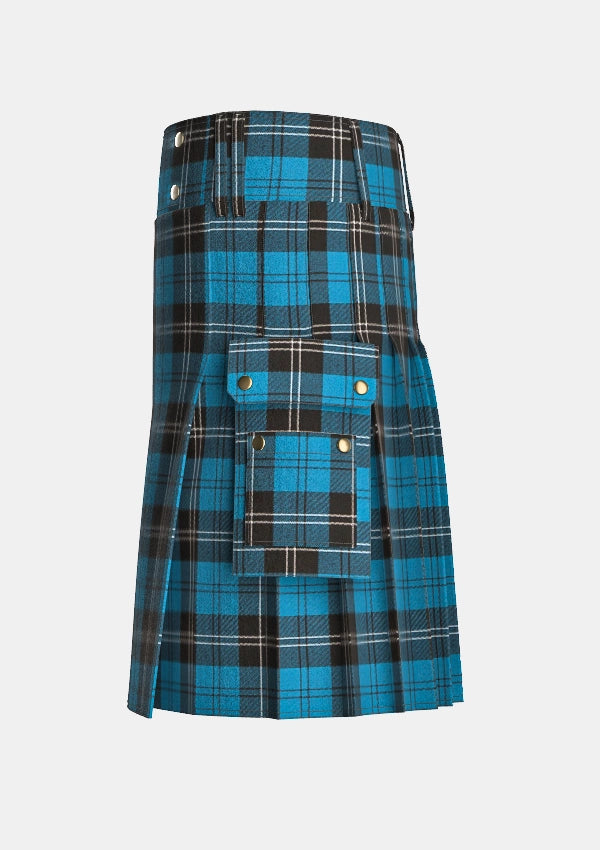 Utility_Ramsay_Blue_tartan_259_kilt_left_image_with_pleated_design_and_adjustable_buckles_for_men