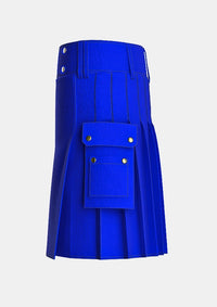 Utility_Royal_Blue_Tartan_kilt_left_image_with_pleated_design_and_adjustable_buckles_for_men
