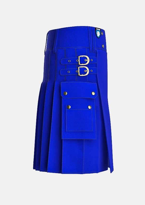 Utility_Royal_Blue_Tartan_kilt_right_image_with_pleated_design_and_adjustable_buckles_for_men