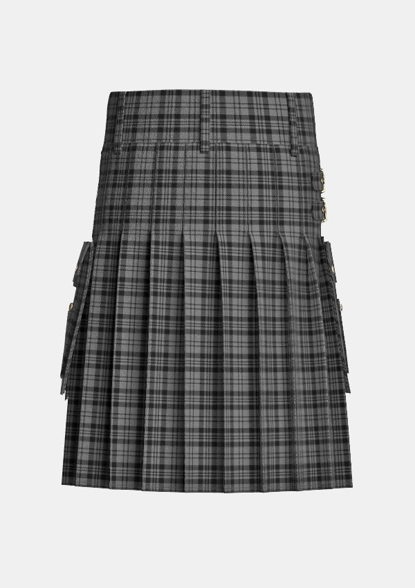 Utility_Scott_Black_and_Grey_Tartan_1287_kilt_back_image_with_pleated_design_and_adjustable_buckles_for_men