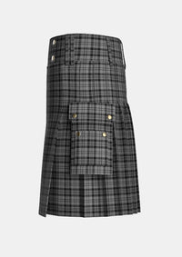 Utility_Scott_Black_and_Grey_Tartan_1287_kilt_left_image_with_pleated_design_and_adjustable_buckles_for_men
