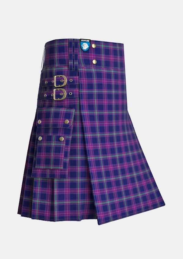 Utility_Scottish_Heather_tartan_3909_kilt_side_image_with_pleated_design_and_adjustable_buckles_for_men