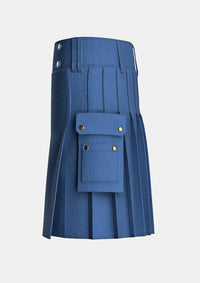 Utility_Solid_Blue_Tartan_kilt_left_image_with_pleated_design_and_adjustable_buckles_for_men
