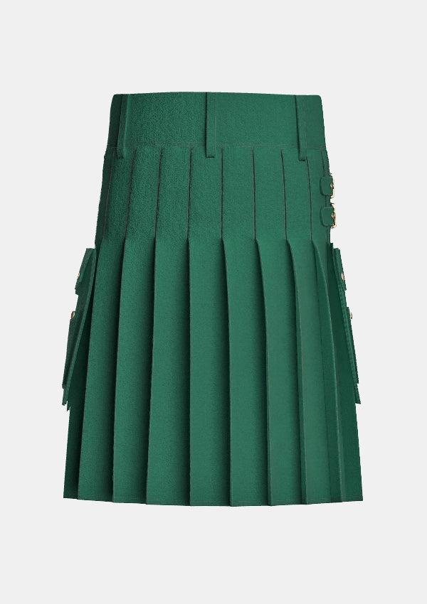 Utility_Solid_Green_Tartan_kilt_back_image_with_pleated_design_and_adjustable_buckles_for_men