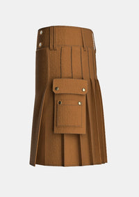 Utility_Solid_Light_Brown_Tartan_kilt_left_image_with_pleated_design_and_adjustable_buckles_for_men