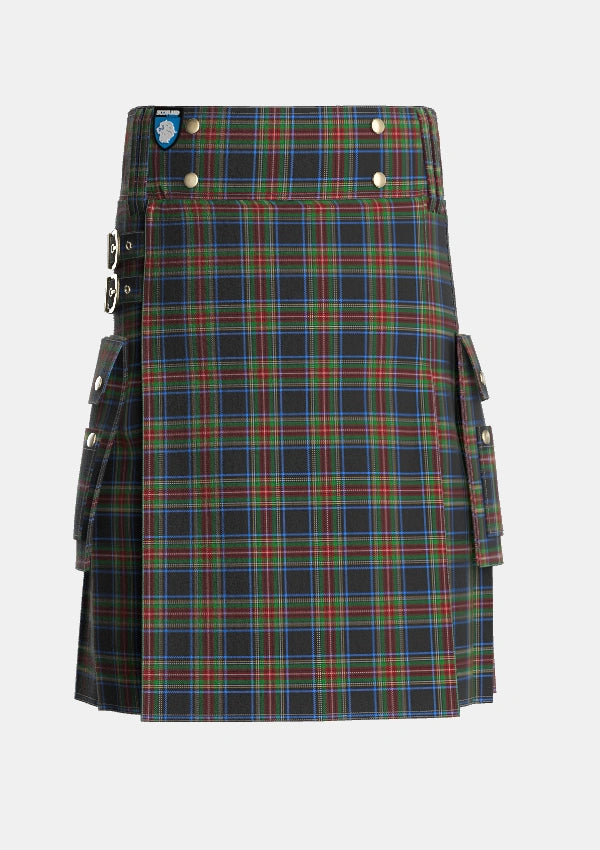 Utility_Stewart_Black_Tartan_1061_kilt_front_image_with_pleated_design_and_adjustable_buckles_for_men
