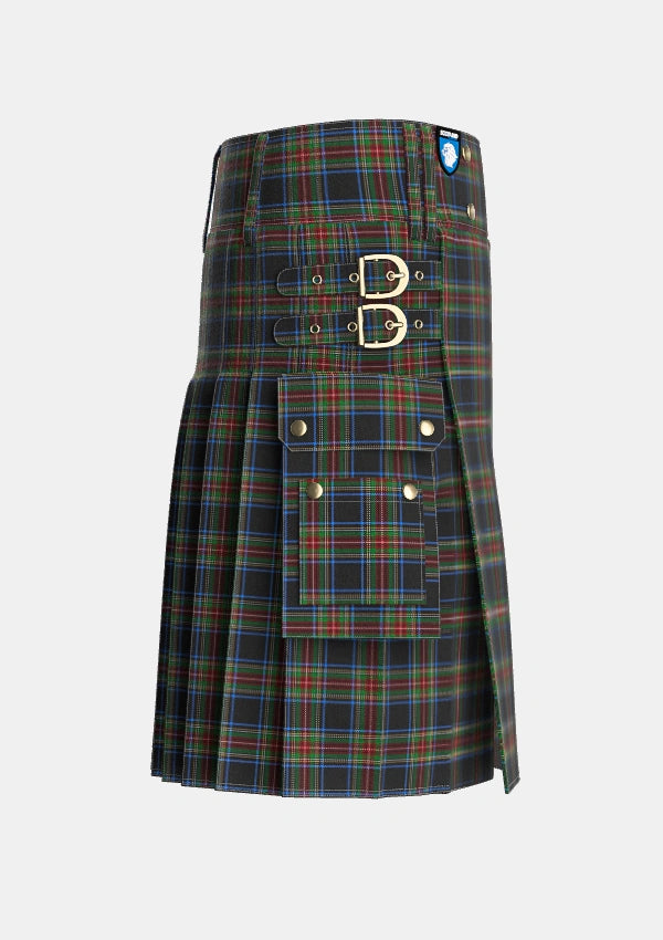 Utility_Stewart_Black_Tartan_1061_kilt_right_image_with_pleated_design_and_adjustable_buckles_for_men
