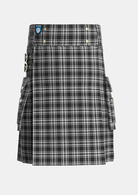 Utility_Stewart_Black_White_Tartan_1231_kilt_front_image_with_pleated_design_and_adjustable_buckles_for_men