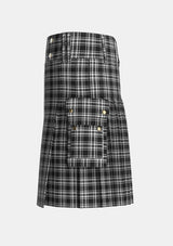 Utility_Stewart_Black_White_Tartan_1231_kilt_left_image_with_pleated_design_and_adjustable_buckles_for_men