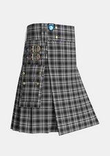 Utility_Stewart_Black_White_Tartan_1231_kilt_side_image_with_pleated_design_and_adjustable_buckles_for_men