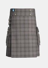 Utility_Stewart_Grey_tartan_1632_kilt_front_image_with_pleated_design_and_adjustable_buckles_for_men